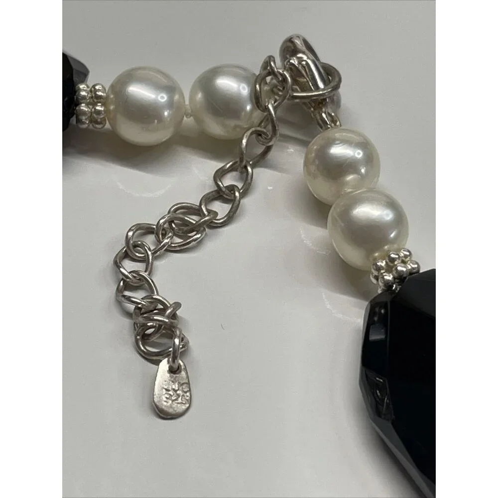 Lucas Lamenth black Faceted Glass Pearl Natural Stone Necklace LUC‎ 925 AL4.2